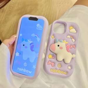 Custodia per telefono antiurto in silicone 3D a forma di <span class=keywords><strong>unicorno</strong></span> con supporto retrattile per ragazze, compatibile con i modelli 13-17 - Product Image 4