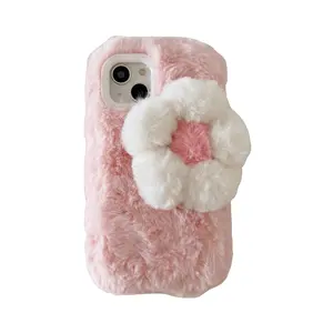 低价钱包电话2023可爱时尚白色粉色毛绒花朵毛绒面料图案保暖舒适后盖手机套