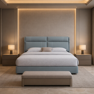 Base de Cama con Cabecera Acolchada de Perfil Bajo y Diseño de Canal, Tapizada en Tela, Tamaño King, para Recámara Principal u Hotel - Product Image 3