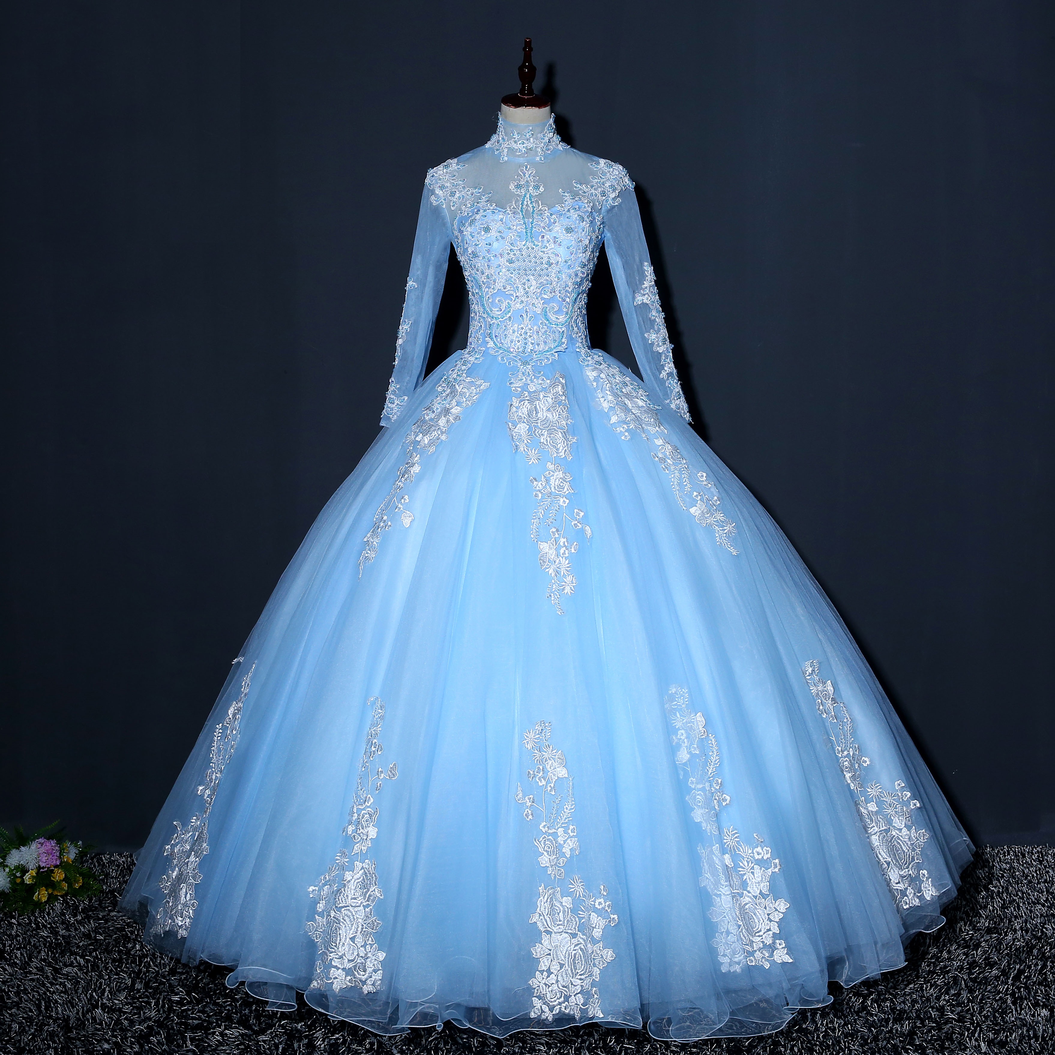 Màu Xanh/Hồng/Xám/Cam Màu Cổ Cao Dài Tay Áo Hồi Giáo Bóng Gown Cộng Với Kích Thước Quinceanera Dresses