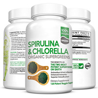 Suministro de 120 Cápsulas de Espirulina, Chlorella y Clorofila, Proteína Vegetariana en Polvo, Superalimento Verde para Adultos