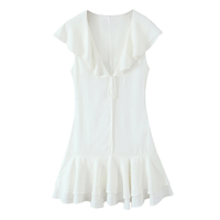 Robe d'été mini à col en V à motif uni pour femmes, couleur blanche, dentelle sur le devant, sans manches, robes décontractées à la mode pour femmes, sur mesure
