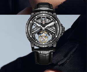 Montre AESOP Flying Tourbillon pour homme, bracelet en cuir noir, cadran squelette creux, montre mécanique de luxe étanche - Product Image 5
