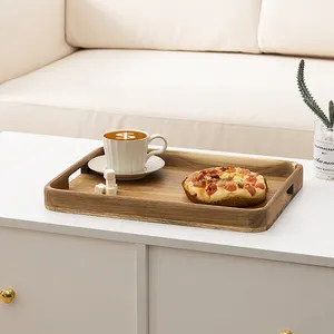 Hot Selling Rechthoek Houten Thee Snack Ontbijt Koffie Tray Acacia Hout Dienblad Met Uitgesneden Handvatten Voor Thuis Restaurant