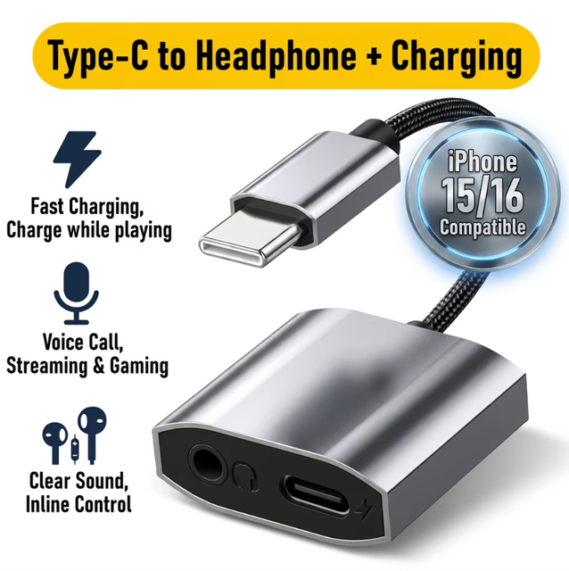 USB C 3.5mm Audio Adapter DC Hi-Fi DAC Chip 60W PD Fast Charging 2in1 Headphone Splitter Aluminum iPhone 16 Pro Max