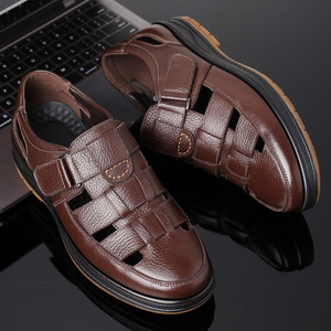 Sandales en cuir marron pour hommes, fermeture Velcro plate, respirantes, bout fermé, semelle en caoutchouc, grande taille 47 48 - Product Image 3