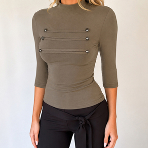 Women's Turtleneck Slim Fit <b>Crop</b> Knitted <b>Top</b> Three Quarter Sleeve Metal Button Detail Solid Color Casual - Product Image 1