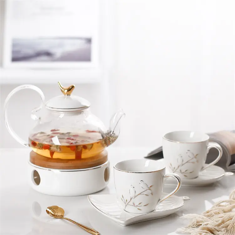 फ्रेंच दस्तकारी आधुनिक चाय की केतली ट्रे के साथ सफेद चीनी मिट्टी के बरतन चाय सेट