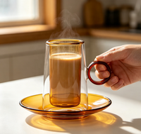 Ensemble de tasses en verre borosilicate à double paroi WUSO, tasse intérieure ambrée et soucoupe assortie, poignée à anneau rouge, résistant à la chaleur pour le café et le thé