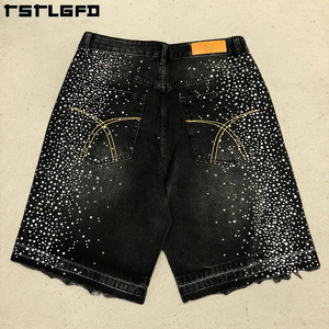Pantaloncini di <span class=keywords><strong>jeans</strong></span> in cotone lavato Vintage con ricamo personalizzato da <span class=keywords><strong>uomo</strong></span> in strass al ginocchio Jorts da <span class=keywords><strong>uomo</strong></span> - Product Image 4