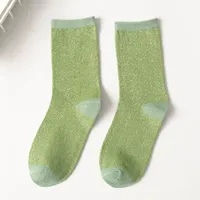 Chaussettes brillantes à logo personnalisé pour femmes, en soie dorée et argentée, couleur unie, à paillettes, très élastiques