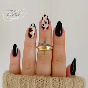 <span class=keywords><strong>Uñas</strong></span> Postizas <span class=keywords><strong>de</strong></span> ABS, Color Negro Almendrado y Estampado <span class=keywords><strong>de</strong></span> Vaca, <span class=keywords><strong>Uñas</strong></span> a Presión Reutilizables, Arte <span class=keywords><strong>de</strong></span> <span class=keywords><strong>Uñas</strong></span>, 24 Piezas al por Mayor - Product Image 1