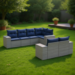 Ensemble de canapés de jardin en polyrotin gris 7 pièces avec coussins, mobilier d'extérieur au design contemporain - Product Image 2