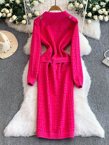 Robe en maille pour femme, coupe trapèze, taille ajustée, col tailleur, imprimé floral <span class=keywords><strong>labyrinthe</strong></span>, style décontracté et tendance, hiver - Product Image 4