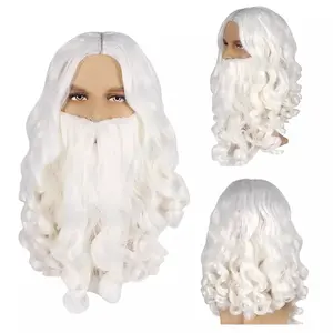 Christmas Cos Dress Up White Middle Parted Long Curly Beard Set Santa Claus Wig Long Curly Beard