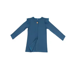 Custom Winter Wool Cotton Knitted Long Flutter Sleeves Navy Blue Fall Baby Girls Cardigans
