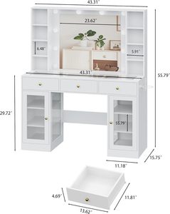 โต๊ะเครื่องแป้งสีขาวพร้อมกระจกฮอลลีวูดและตู้ไฟ RGB, โต๊ะแต่งหน้าอัจฉริยะพร้อมท็อปกระจกและแท่นชาร์จสำหรับห้องนอน - Product Image 2