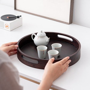 Japanese Style Wooden <b>Tray</b> Round With Handle For Serving Food And Tea Household Use - Product Image 2