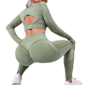 Dames Seamless Activewear Set Top High Waist Compressie Leggings Yoga Broek Fitness Gym Set Open Rug Holle Lange Mouw - Product Image 1