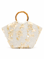 Tas Tote Wanita Gaya Pantai Bahan Poliester Berlapis Bordir Aplikasi 3D Bunga Payet Gagang Bambu Elegan Chic Terbaru