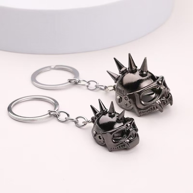 Gothic Gaming Metal Keychain Unique Style Game Helmet Keyring with UV Printed Carabiner Fashionable Vintage Cartoon Design