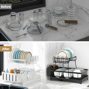 Étagère de rangement multifonctionnelle à <span class=keywords><strong>double</strong></span> niveau en métal pour comptoir de cuisine, égouttoir à vaisselle avec plateau de drainage - Product Image 2