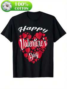 T-shirt per San Valentino, design con cuore rosso nero, manica corta, girocollo, 100% cotone, casual, unisex, camicia alla moda primavera estate - Product Image 1