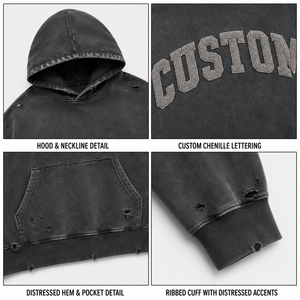 Custom 500Gsm Heavyweight <b>Pullover</b> Hoodie Washed Embossed Graphic Oversized Kangaroo Pocket Streetwear Custom <b>Men</b> Hoodie - Product Image 2