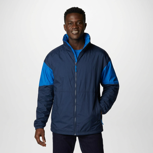 Men'<b>s</b> Navy Blue Color Blocking Windbreaker <b>Jacket</b> Windproof Zipper Closure Casual Winter Wear Hooded Regular Fit High Street - Product Image 1