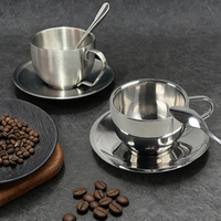Nouvelle Tasse à Café Design, Haute Qualité, en Acier Inoxydable 304 Double Paroi Argenté, Tasse à Lait et Thé avec Soucoupe