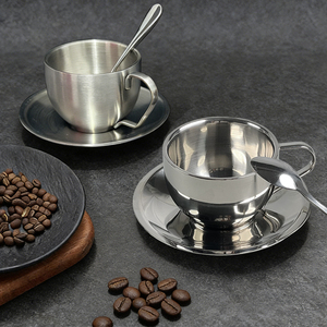Nuova Tazza da Caffè di Design in Acciaio Inox 304 Doppio Strato Argento di Alta Qualità con Piattino per Latte <span class=keywords><strong>e</strong></span> Tè - Product Image 5