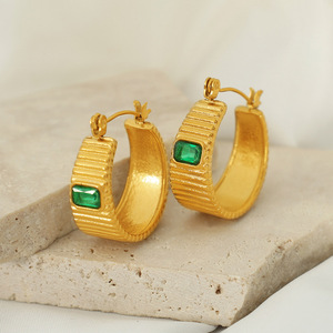 Hoop Earrings Gold Plated <b>Titanium</b> Steel Green White Glass Bezel Setting Everyday Wear Geometric Design EH154 - Product Image 2