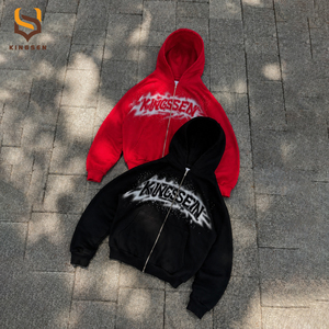 ผู้ผลิตเสื้อผ้าสตรีทแวร์แบบกำหนดเอง เสื้อฮู้ดดี้ทรงบ็อกซี่หนาน้ำหนัก 420 กรัม พิมพ์ลายประดับเพชร ผ้าฝ้าย 100% เสื้อฮู้ดดี้แบบซิปหลวมสำหรับผู้ชาย - Product Image 3