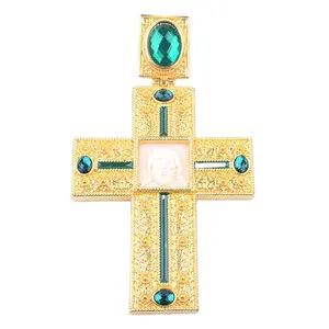 工場金メッキ大型ビショップ合金は、正教の胸の十字架のクリスタルダイヤモンドとイエスのアイコンをカスタマイズします