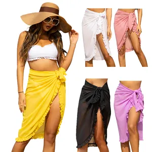 Wanita Pakaian Renang Sifon Pareo Pantai Menutupi LEMBUT Sarung Swimsuit Wrap Rok Seksi Mini Bikini Sheer Scarf Pakaian Mandi Bawah