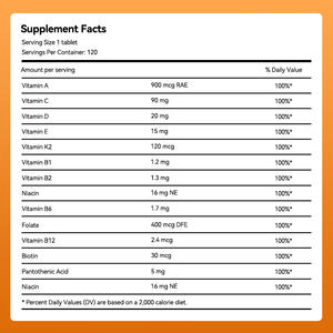 OEM-Multi vitamin tabletten mit Vitaminen A, C, D, E, K2, B1, B2, B6 und B12, Nahrungs ergänzungs mittel zur Steigerung des Stoffwechsels. - Product Image 2