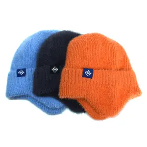 Ear Flaps Winter Knit Earflap Beanie Hat Warm Stocking Hats with Short Plush Lined Brimmed Ski