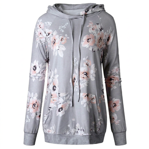 Sweat-shirt décontracté pour femme à imprimé floral, manches raglan longues, avec cordon de serrage, poche kangourou et capuche croisée - Product Image 1