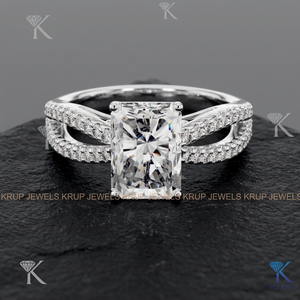 Anillo de compromiso de diamante cultivado en laboratorio con corte radiante, oro macizo, banda pavé vintage de tallo dividido, joyería fina, hecho a medida, regalo de aniversario - Product Image 6