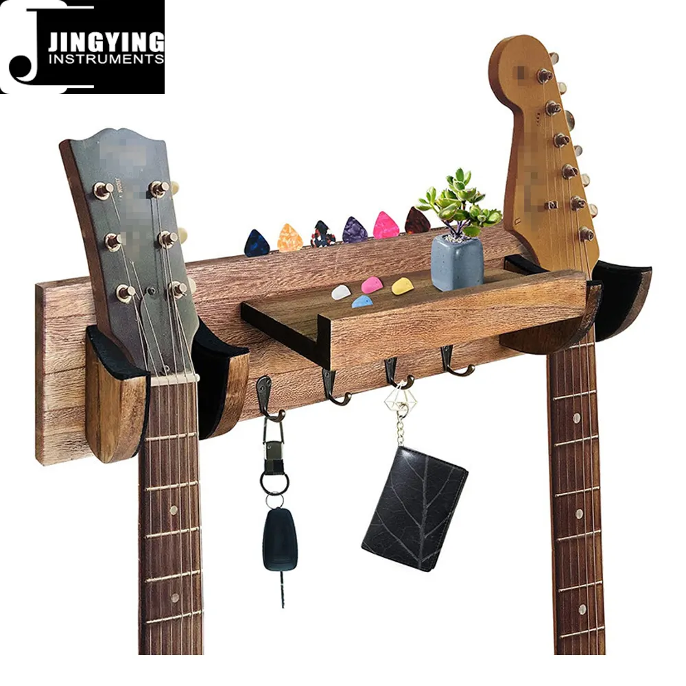 Hout Dubbele Gitaar Muur Hanger Wall Mounted Opknoping Beugel Gitaar Hanger Plank Met Pick Holder En 4 Haken