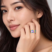 Bague large abstraite en acier inoxydable plaqué or 14 carats sous vide avec bande émaillée multicolore