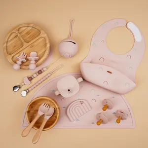 Baby-Lätzchen-Tischdeckchen Bambus saugteller Schüssel Gabel Löffel Becher-Set Kinder Speisen Silikon-Baby-Schneidegeschirr Speisetisch