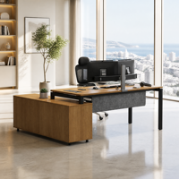 Bureau de direction en forme de L de luxe avec armoire de rangement, poste de travail moderne