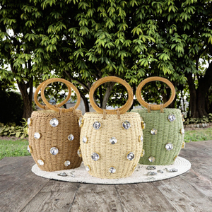 Sac seau décontracté léger en paille tressée avec fleur de perles et pompon, sac de plage à poignée circulaire pour les voyages d'été - Product Image 3