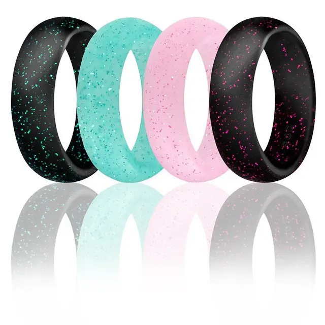 4pcs Pack Unique 5.7mm Wide 2mm Thick Soft Rubber Band Silicone Stacking Rings Glitter Silicone Ring Wedding for women