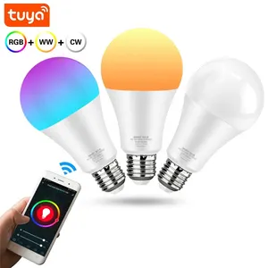 لمبة E27 RGB + C + W تطبيق Tuya الذكي LED لمبة إضاءة وضع التحكم في الموسيقى 9W 15W Google المنزل alexa