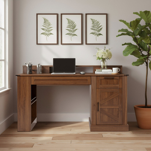 55" Modern Office Desk with Storage Cabinet & Charging Station Barn Door Writing Desk with <b>Keyboard</b> <b>Tray</b> Eco-Friendly Durable - Product Image 1