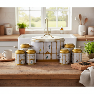 Juego de cocina de caja de lata redonda de 7 piezas, tapa de cúpula, ilustración de jaula de pájaros Vintage con diseño de jaula de pájaros coloridos - Product Image 3