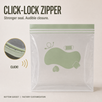 Sac refermable personnalisé en PE transparent sans BPA pour biscuits, avec soufflet de fond et fermeture sonore