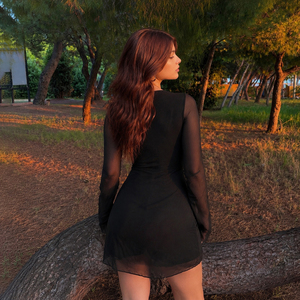 Vestido Mini Negro Sexy para Mujer, Cuello en V Profundo, Manga Larga, Transparente, para Fiesta, Club, Salida Nocturna, Estilo Bodycon - Product Image 3